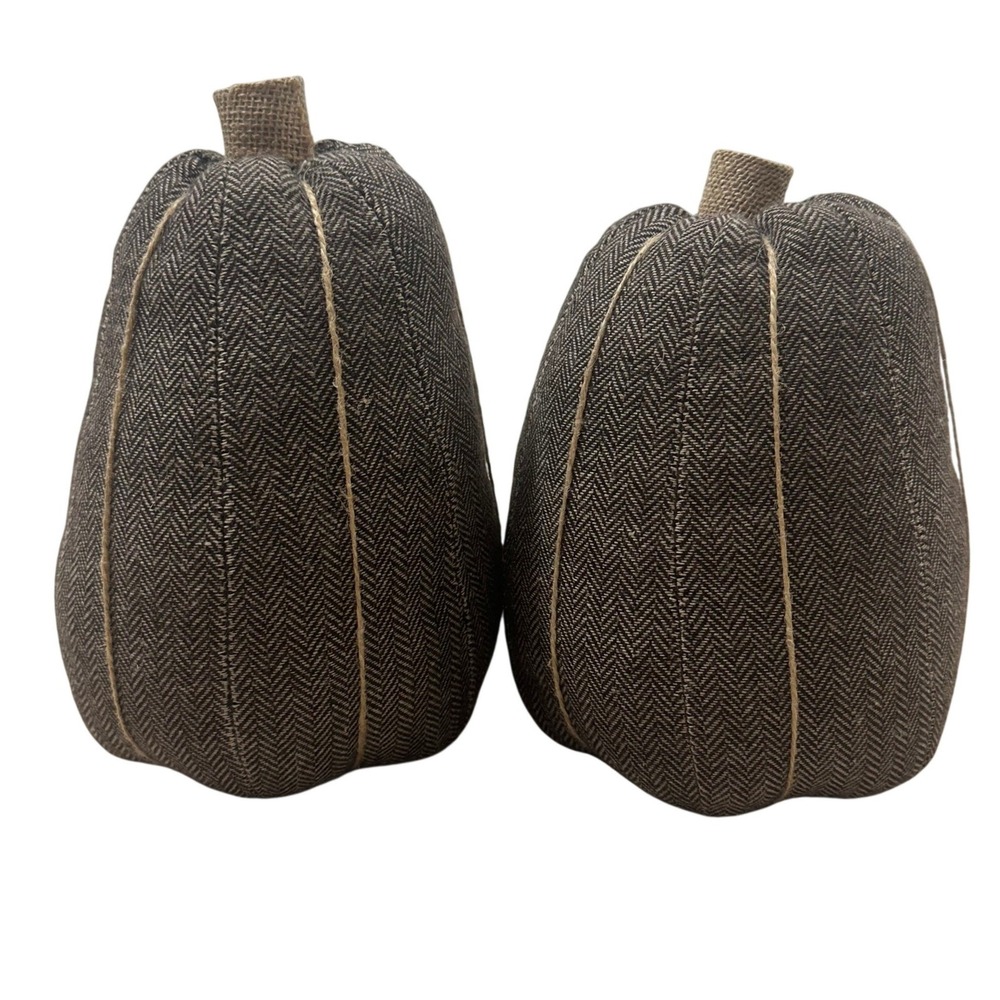 Set of 2 Gray Herringbone Fabric Pumpkins Farmhouse Fall Decor Burlap Stem 9.5"
